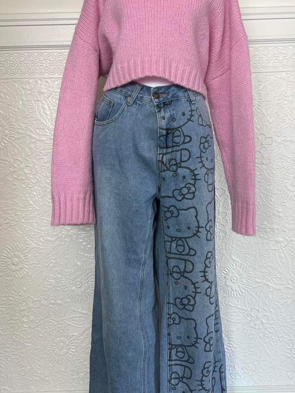 Hello Kitty Two-Tone Wide Leg Jeans in Blue and Pink Accent